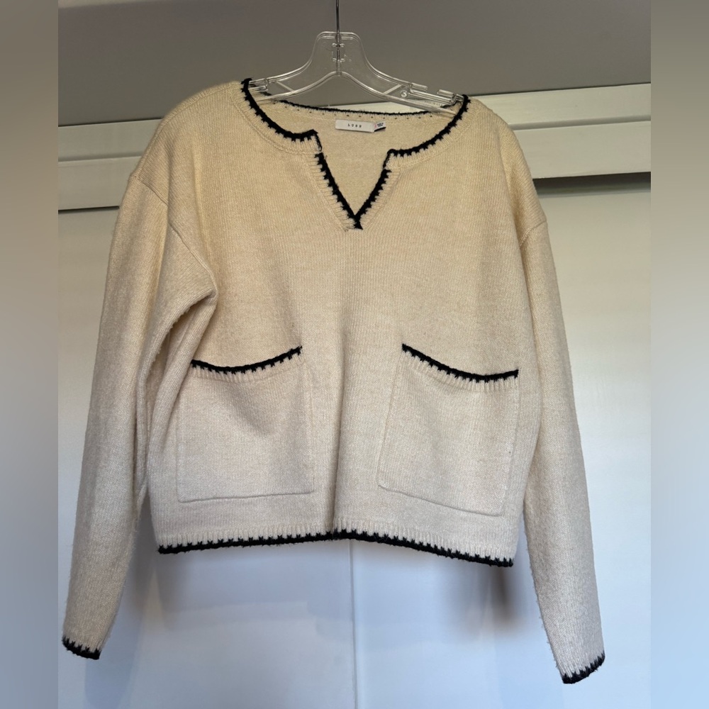 Super cute Lush Cream V-Neck Sweater with Black Trim. Size S